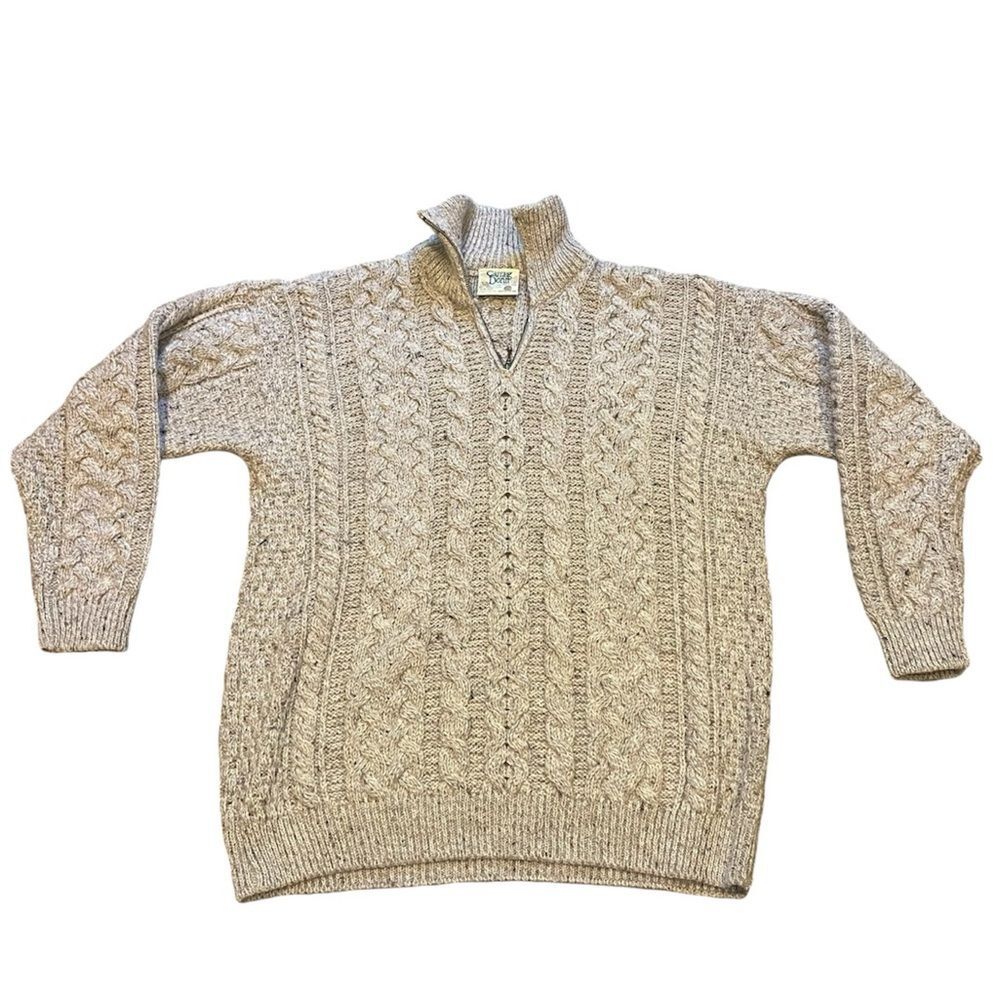 Carraig Donn Irish Aran Cable Knit Quarterzip Pure Wool Size L Fisherman Speckle